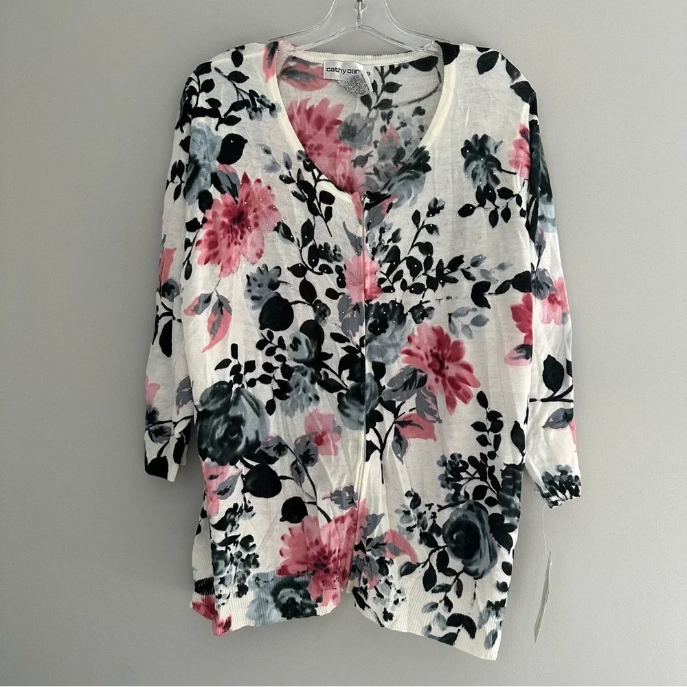 NWT Cathy Daniels Zip Front White Coral Gem Cardigan Sweater - Picture 1 of 6